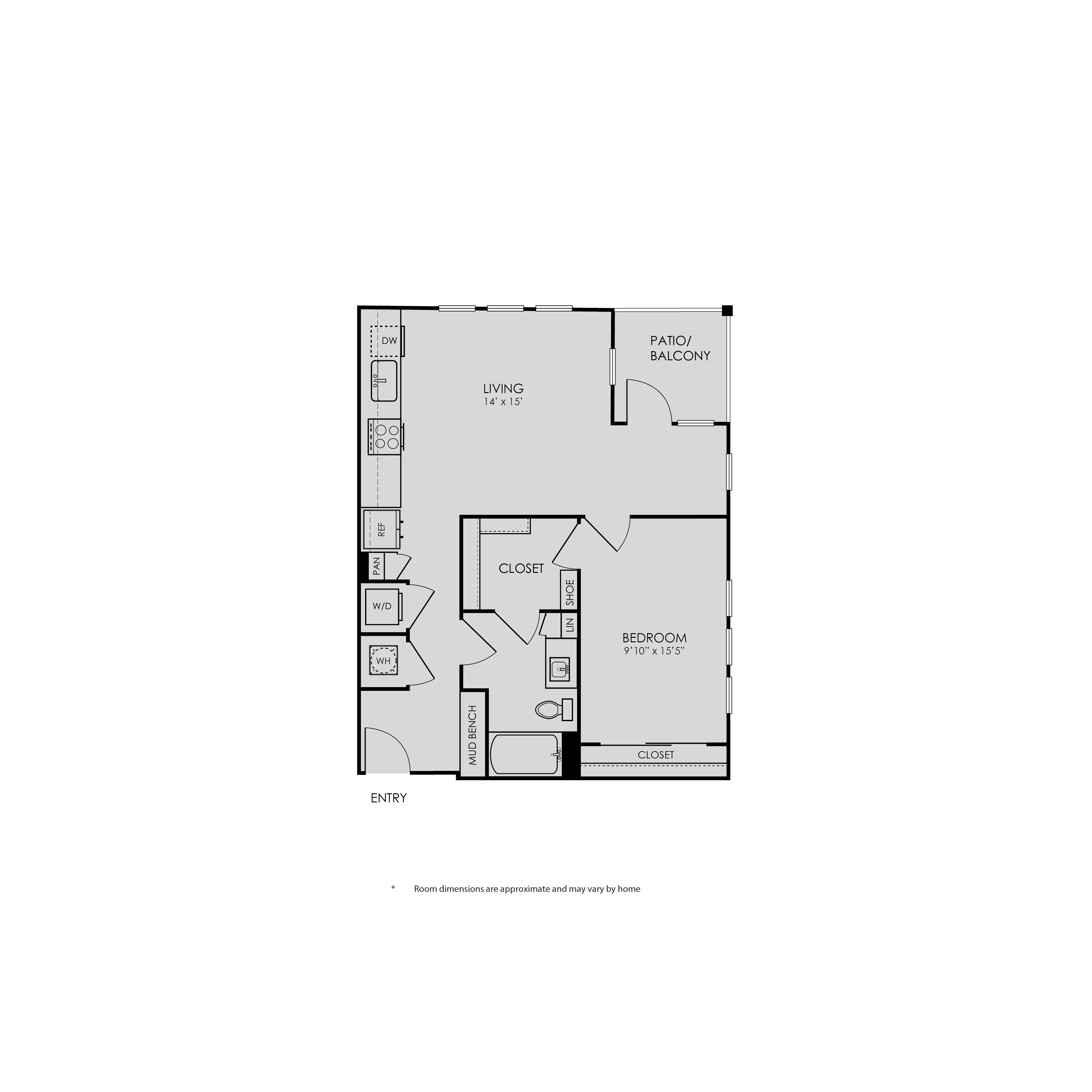 Floor plan for 1 bed, 1 bath, 791 sqft